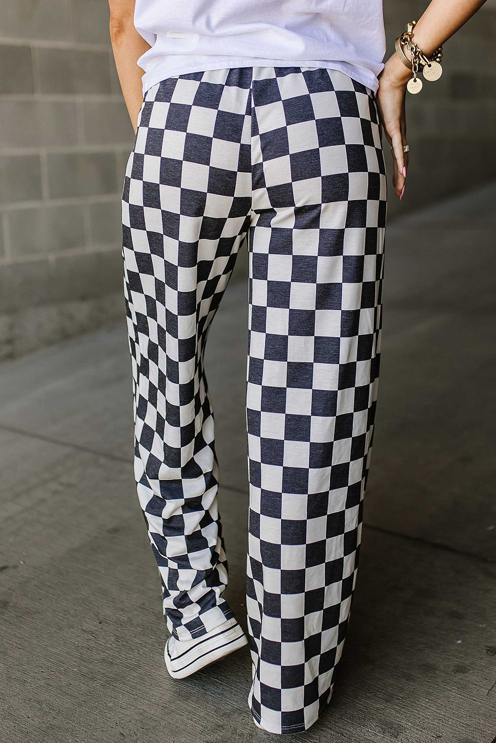 Green Checkered Print High Waist Wide Leg Pants