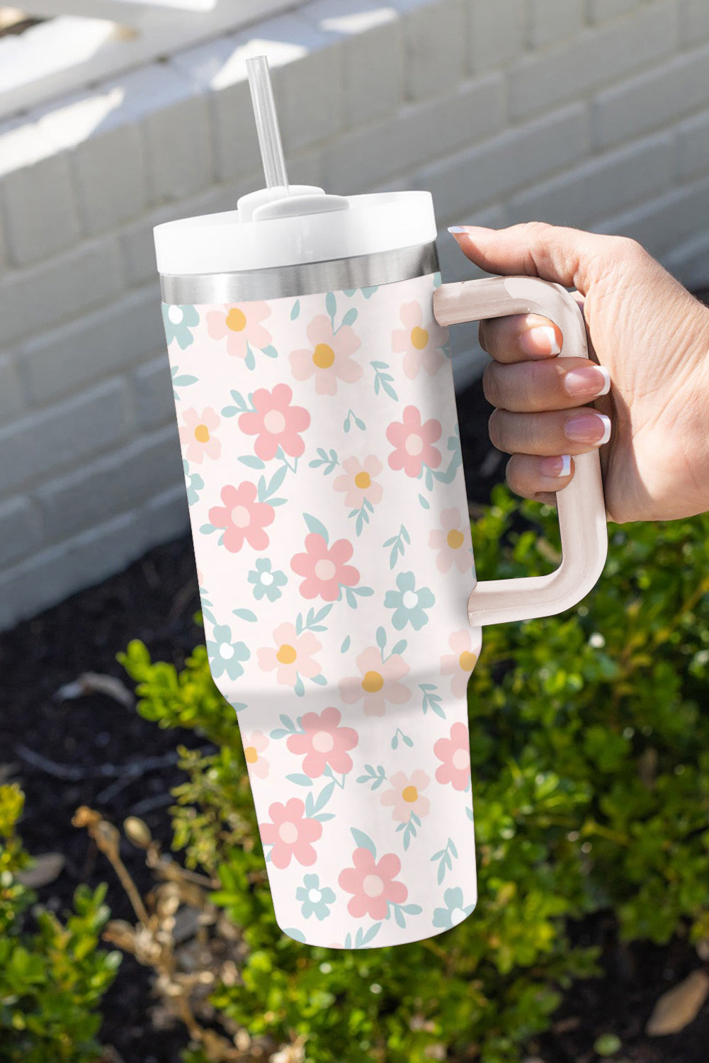 White Floral Pattern Stainless Vacuum Cup with Handle 1200ml