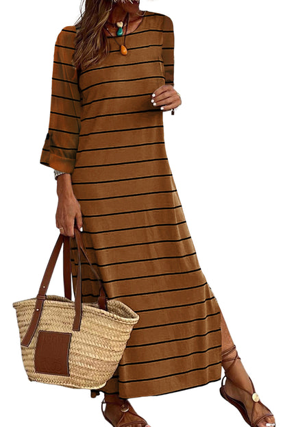 Brown Striped Casual Slit High Waist Midi Dress