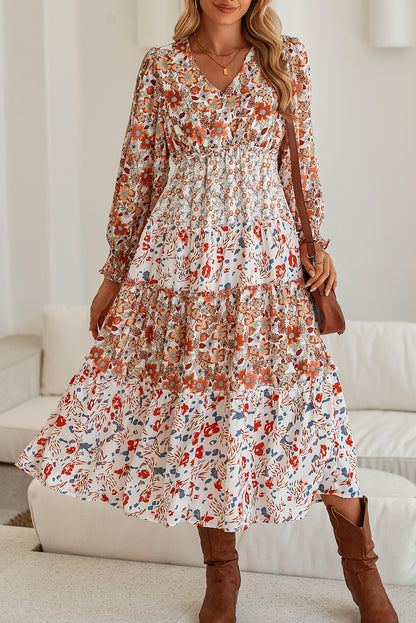 Khaki Floral Print Ruffled Tiered Long Sleeve V Neck Midi Dress