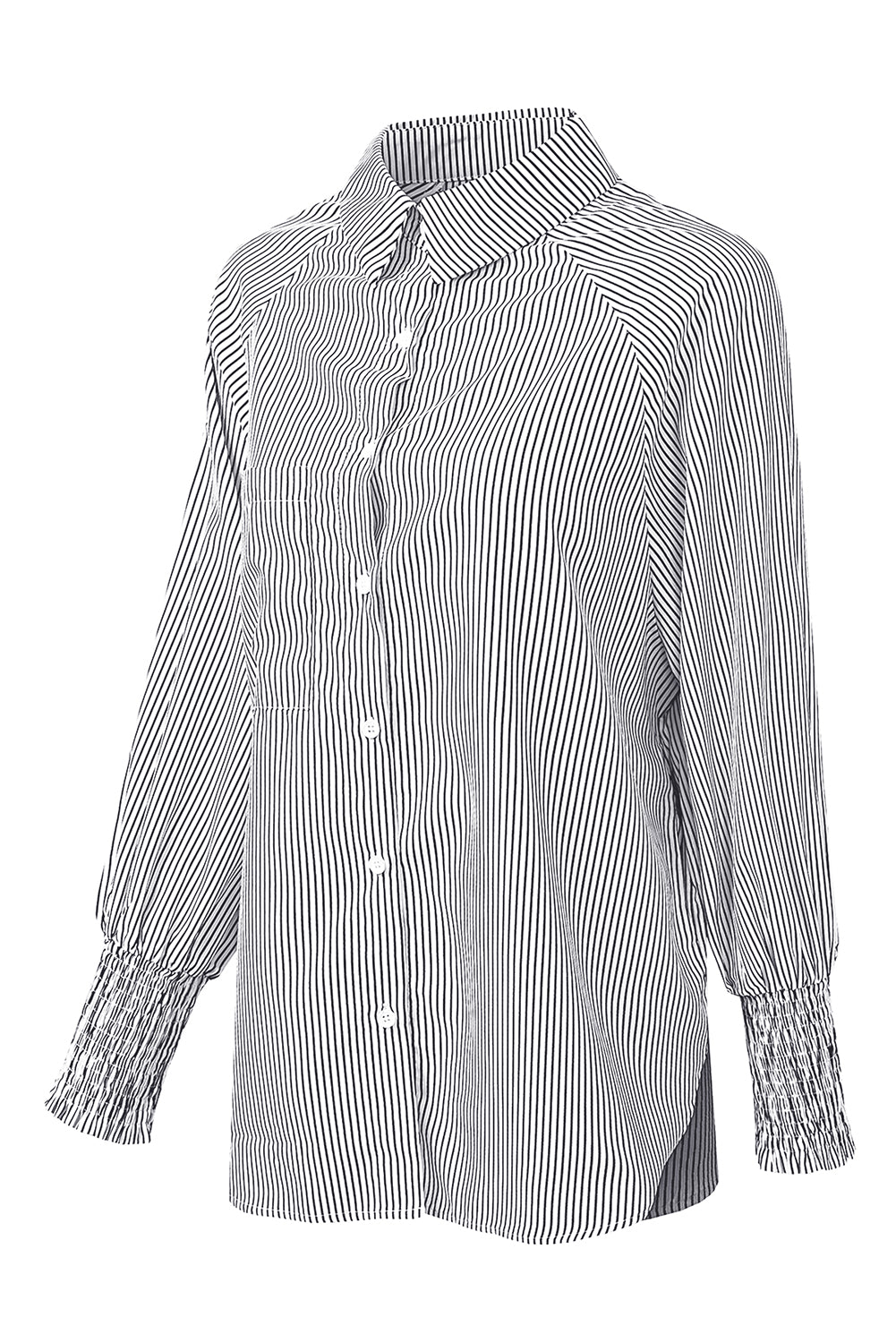 Black Striped Casual Shirred Cuffs Shirt