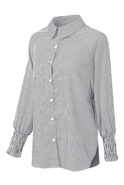 Black Striped Casual Shirred Cuffs Shirt