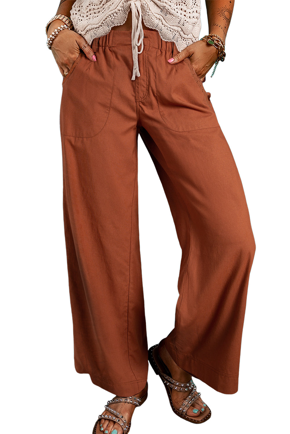 Red Dahlia Elastic Waist Pocketed Casual Straight Leg Pants