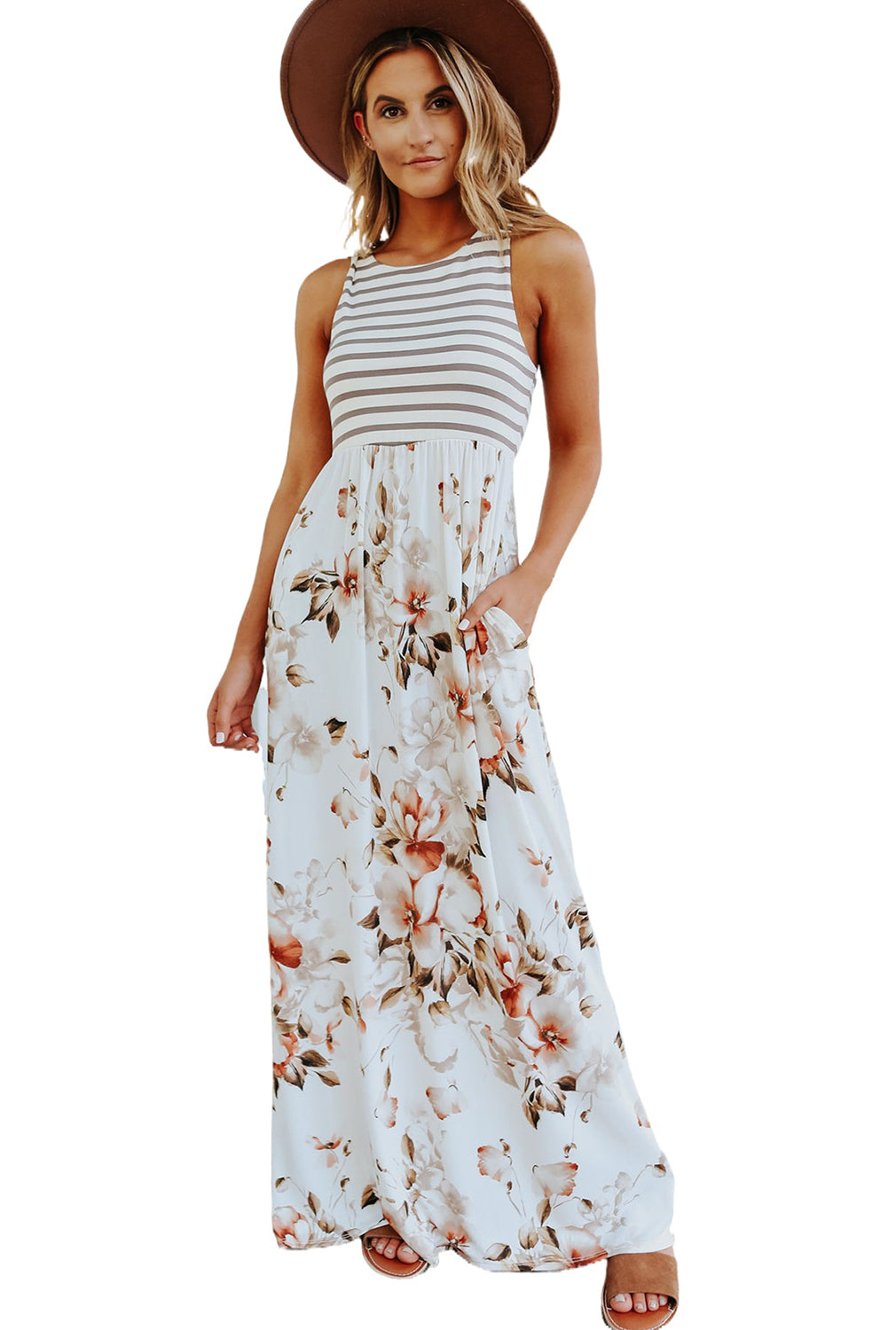 White Boho Stripes & Floral Print Floor Length Tank Dress
