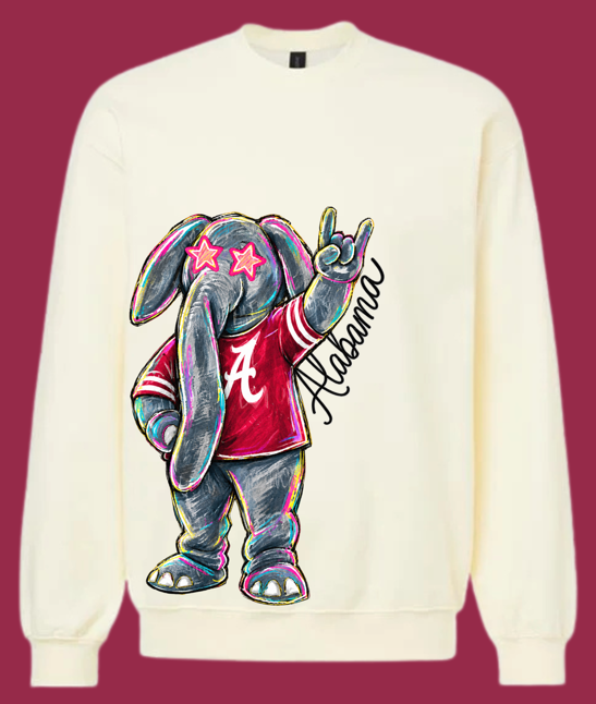 Off-white Gildan Alabama sweatshirt with colorful elephant mascot wearing a crimson jersey