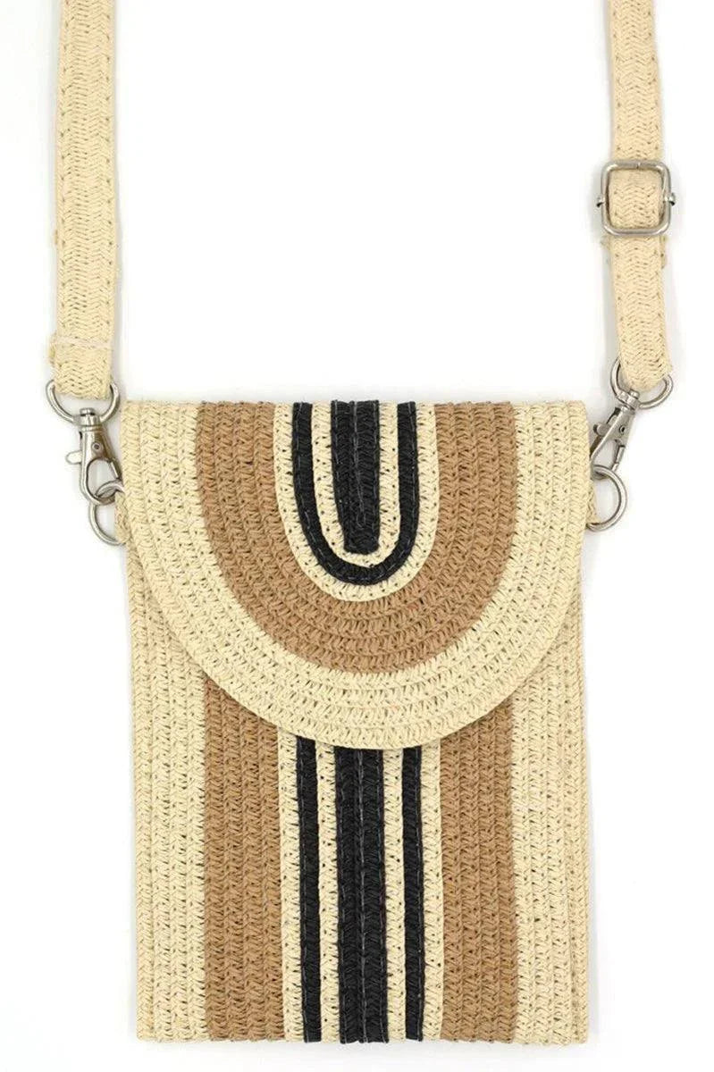 Boho woven crossbody clutch with adjustable strap and natural woven texture.