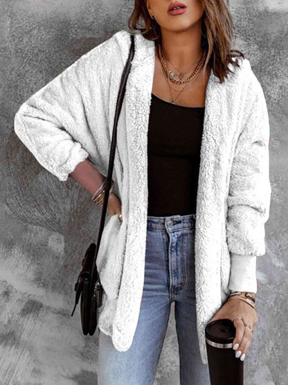 Open Front Hooded Faux Fur Outwear with Pockets